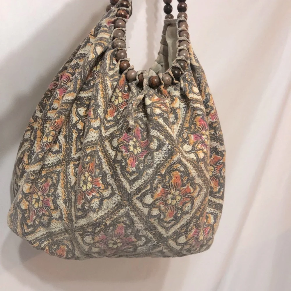 Amici Pink & Brown Floral Hobo Bag  Beaded Handle